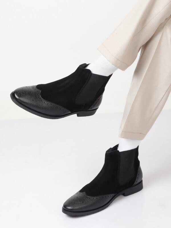 Men's Black Suede Leather with laser cut Mid-Top Chelsea Boots