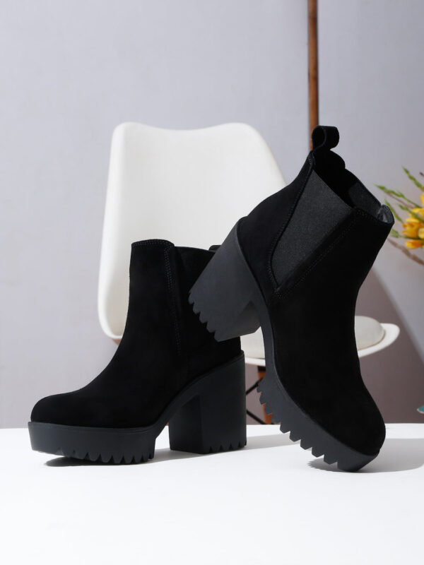 Women's Black Suede Leather Mid - Ankle High Heeled Boots