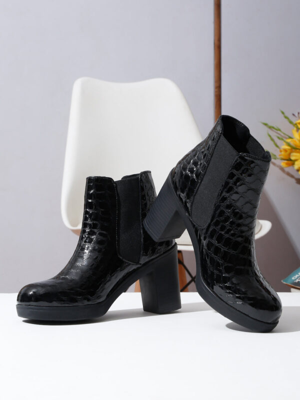 Women's Black Croco Texture Lether Mid - Ankle High Heeled Boots