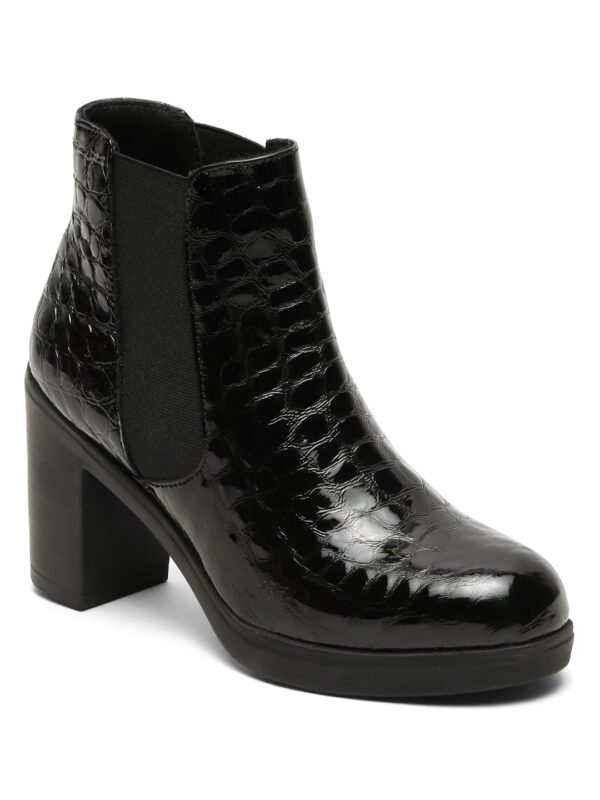 Women's Black Croco Texture Lether Mid - Ankle High Heeled Boots