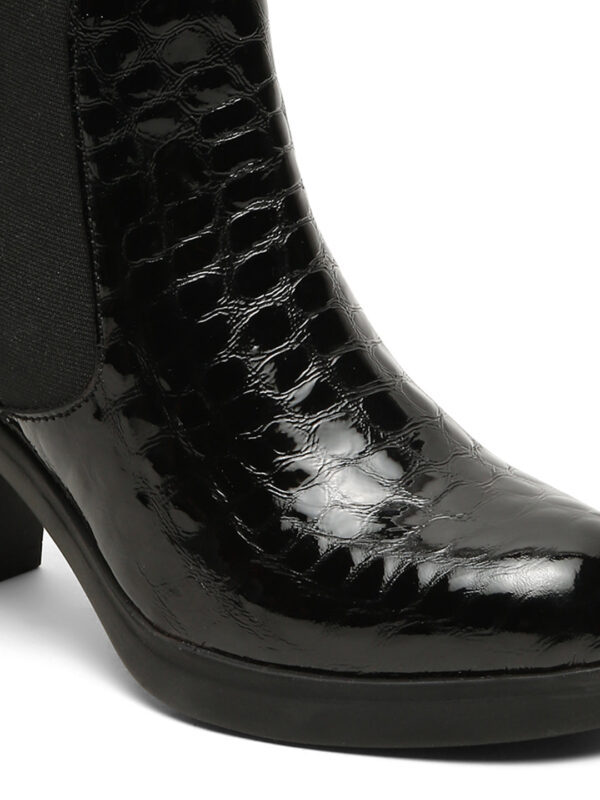 Women's Black Croco Texture Lether Mid - Ankle High Heeled Boots