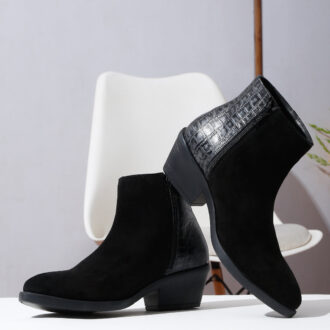 Women's Black Croco Texture With Suede Lether Mid-Ankle Blocked Heel Boots