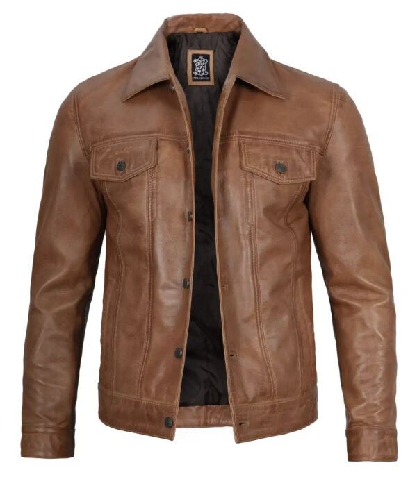 Men's Camel Brown Leather Trucker Jacket