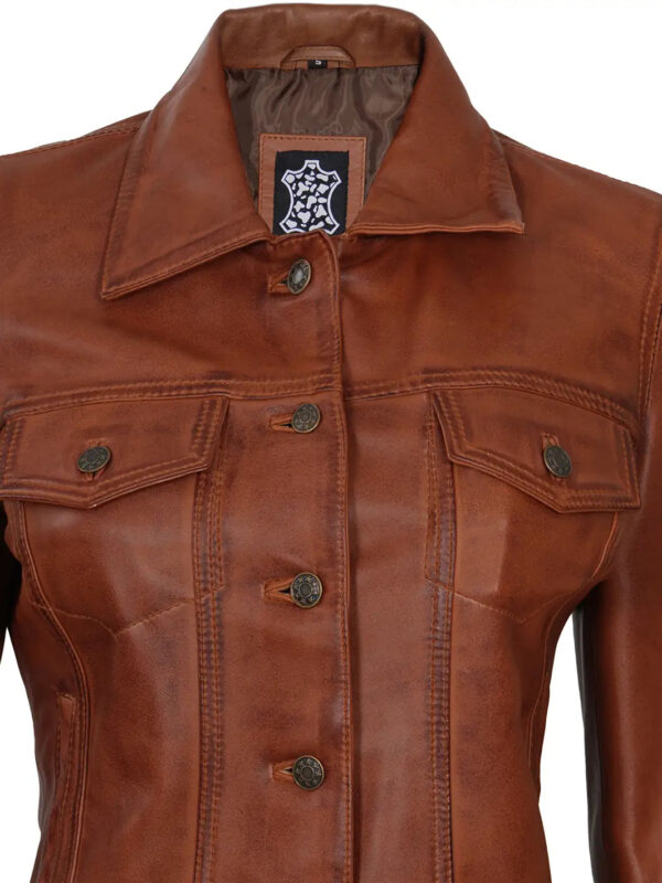 Fernando Women Cognac Brown Leather Trucker Jacket