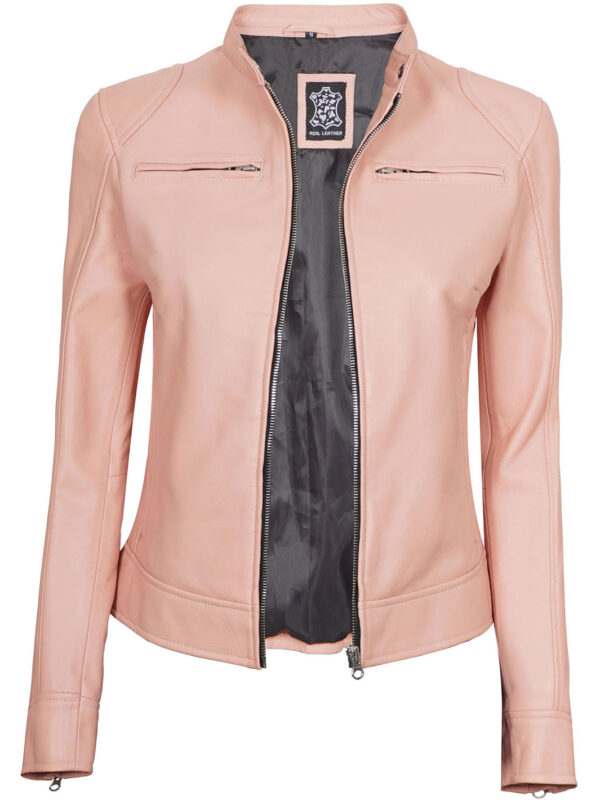 Dodge Women Light Pink Cafe Racer Motorcycle Leather Jacket