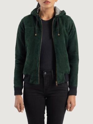 Rebella Green Hooded Suede Bomber Jacket