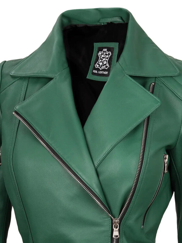 Women Green Asymmetrical Leather Biker Jacket