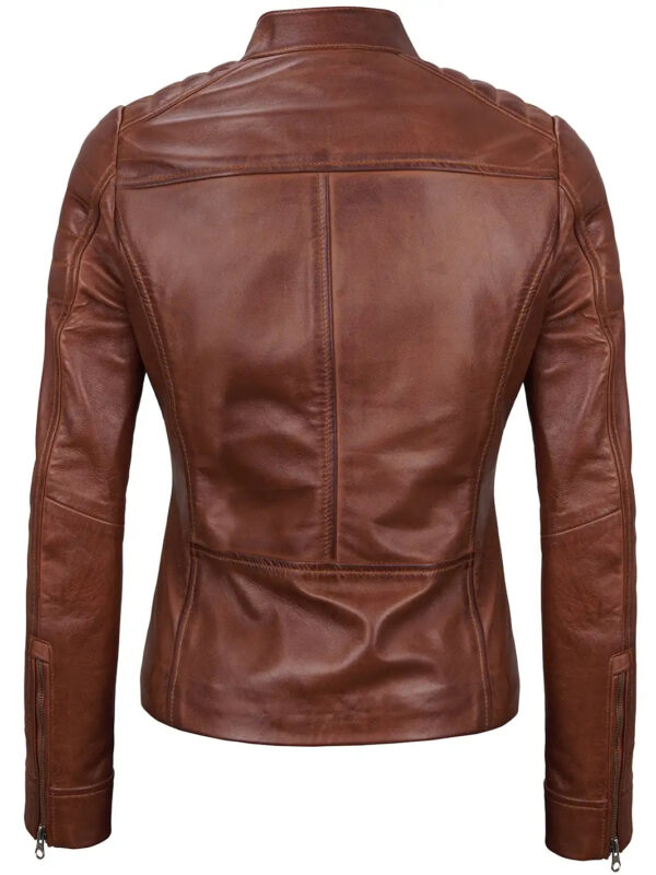 Carrie Women Cognac Brown Cafe Racer Leather Jacket