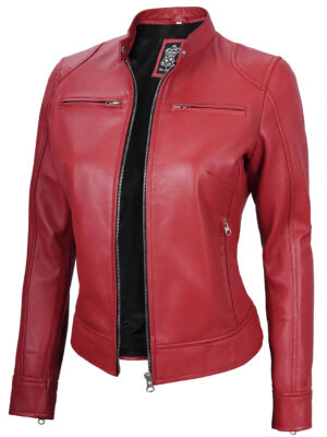 Dodge Red Cafe Racer Leather Biker Jacket