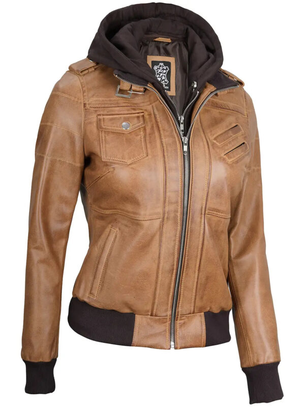 Edinburgh Camel Brown Hooded Leather Bomber Jacket