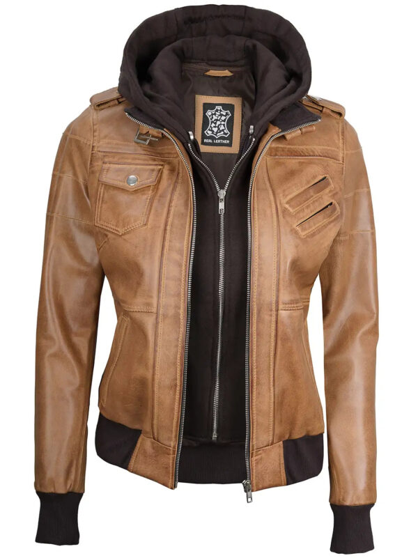 Edinburgh Camel Brown Hooded Leather Bomber Jacket