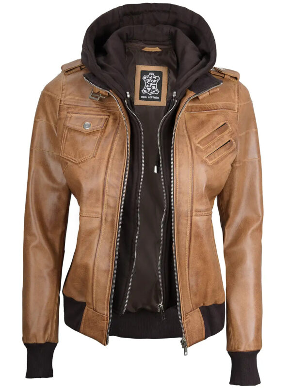 Edinburgh Camel Brown Hooded Leather Bomber Jacket