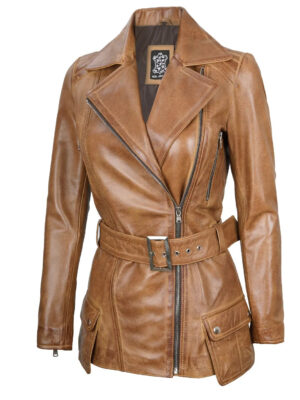 Camel Brown Asymmetrical Leather Jacket Women