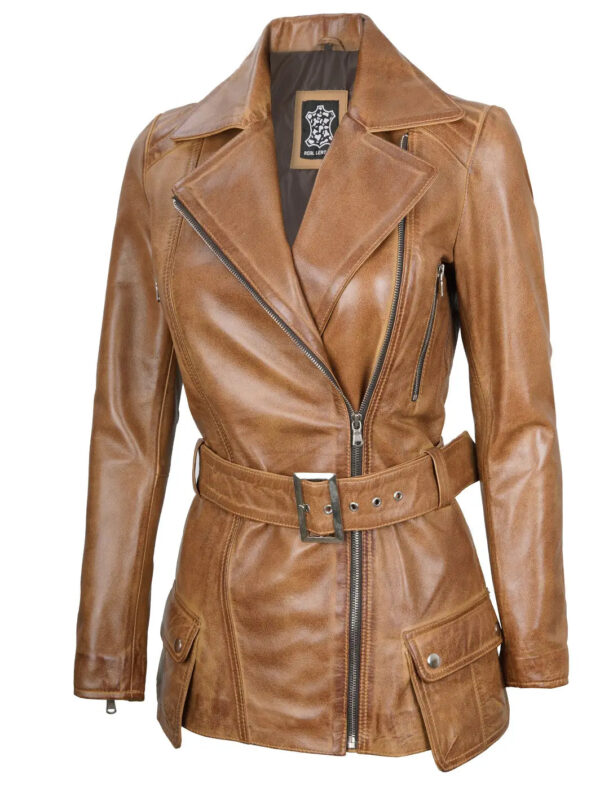 Camel Brown Asymmetrical Leather Jacket Women