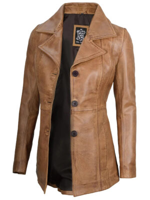 Womens Camel Brown Leather Blazer