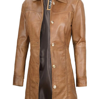 Kandis Womens Camel Brown Leather Car Coat