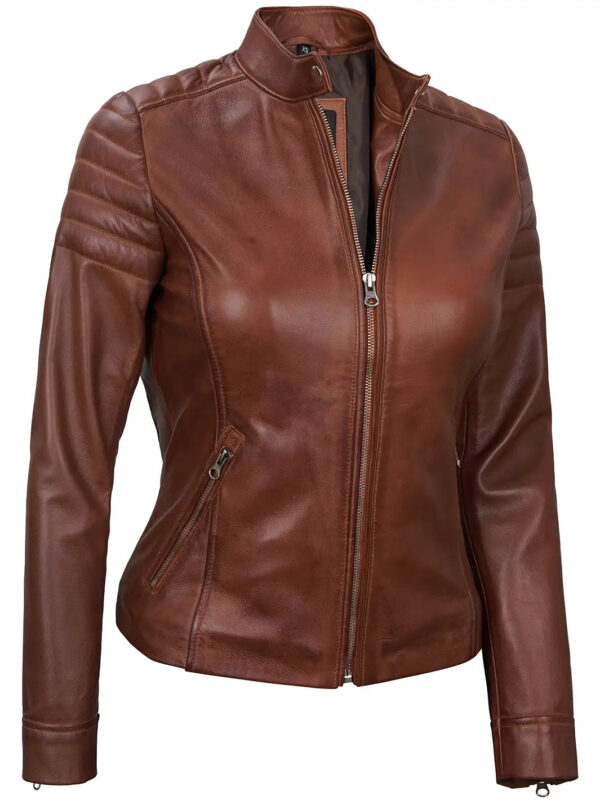 Carrie Women Cognac Brown Cafe Racer Leather Jacket