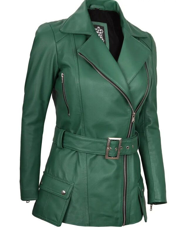 Women Green Asymmetrical Leather Biker Jacket