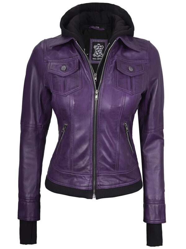 Betty Purple Leather Jacket With Removable Hood