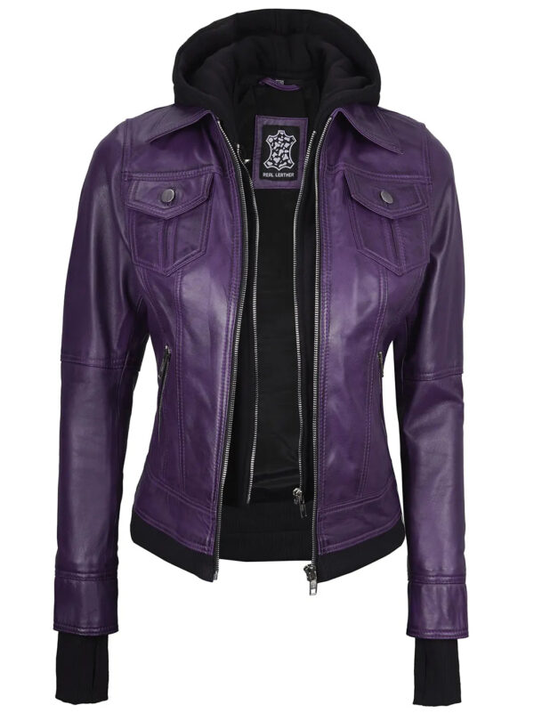 Betty Purple Leather Jacket With Removable Hood