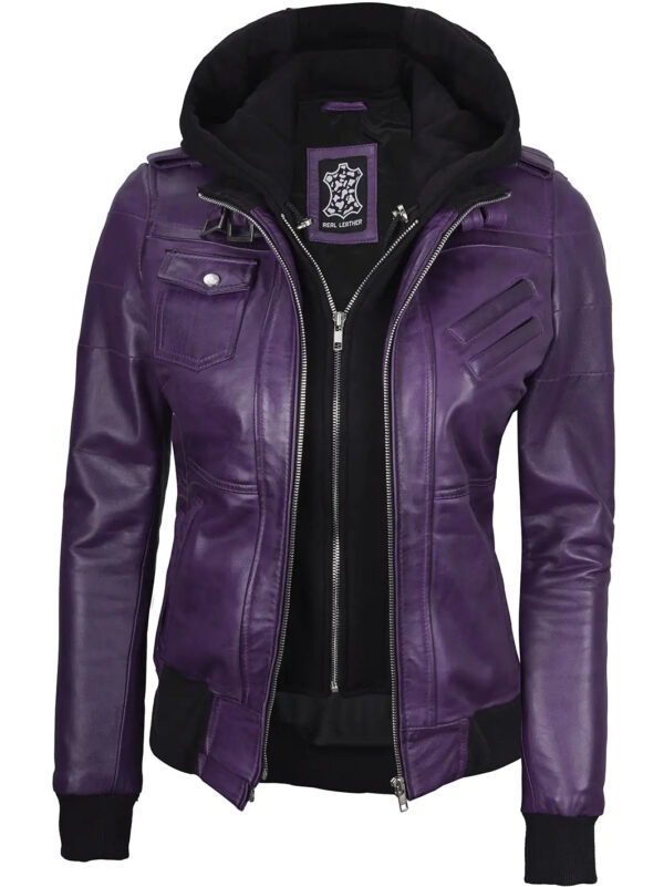 Edinburgh Purple Hooded Leather Bomber Jacket