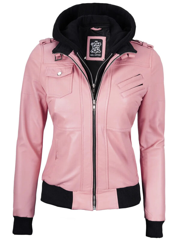 Edinburgh Pink Leather Bomber Jacket With Hood