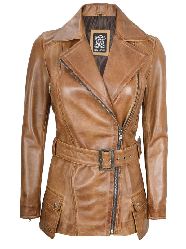 Camel Brown Asymmetrical Leather Jacket Women