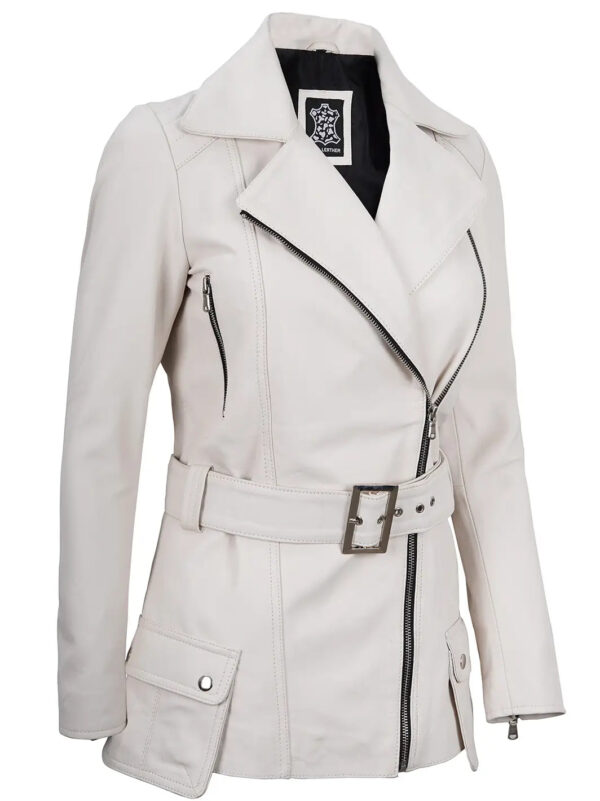 Women Off White Asymmetrical Biker Leather Jacket