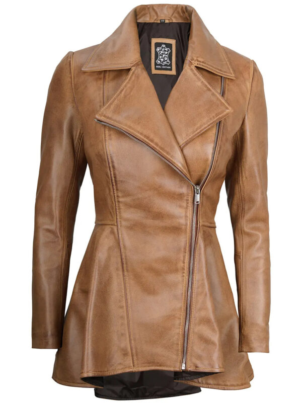 Clarissa Asymmetrical Camel Brown Peplum Leather Jacket