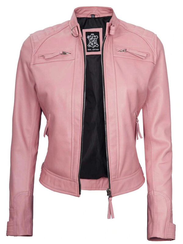 Johnson Women Pink Quilted Cafe Racer Leather Jacket