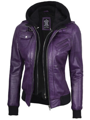 Edinburgh Purple Hooded Leather Bomber Jacket