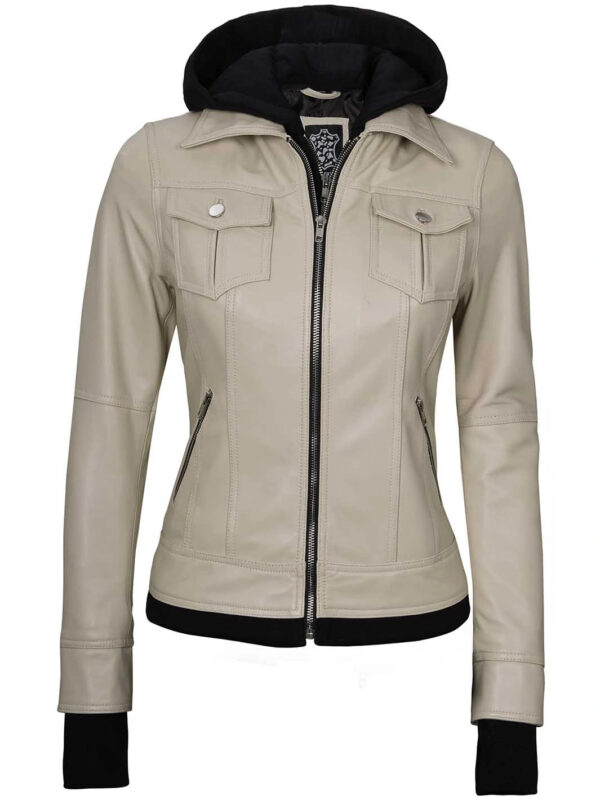 Women's Beige Motorcycle Leather Jacket with Hood