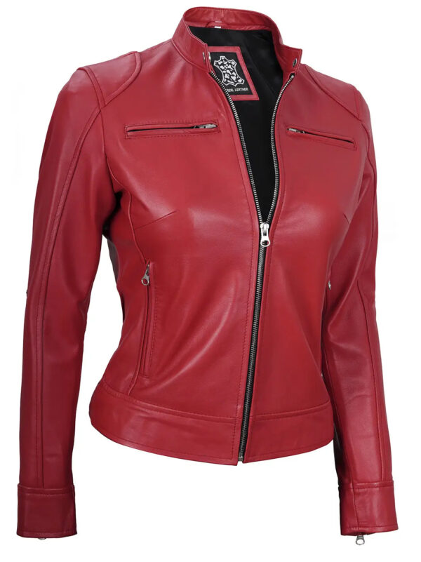 Dodge Red Cafe Racer Leather Biker Jacket