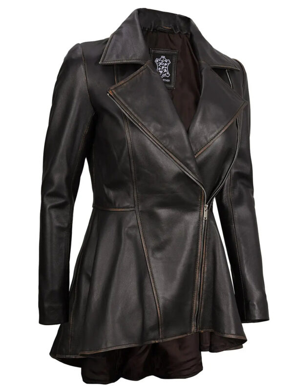 Clarissa Rub Off Brown Asymmetrical Peplum Leather Jacket