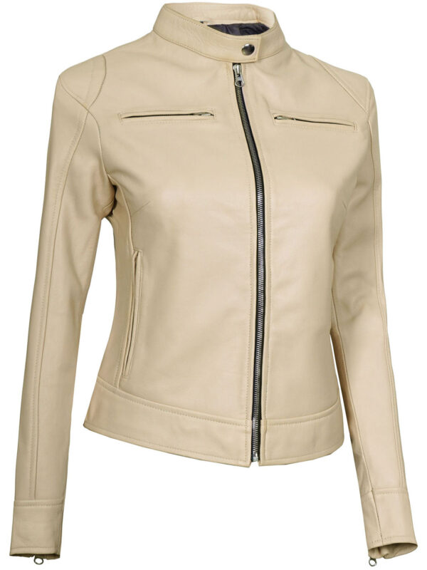 Dodge Women's Beige Leather Cafe Racer Motorcycle Jacket