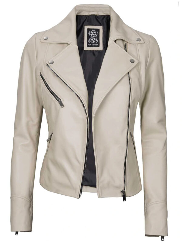 Ninfa Women's Beige Asymmetrical Biker Leather Jacket