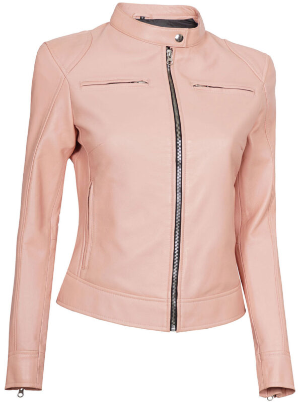 Dodge Women Light Pink Cafe Racer Motorcycle Leather Jacket