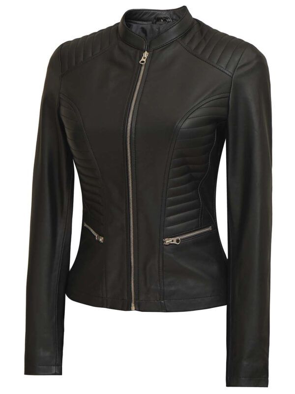 Rachel Womens Petite Black Cafe Racer Leather Jacket