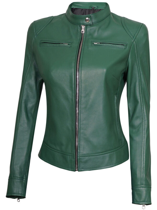 Dodge Women Motorcycle Green Leather Jacket