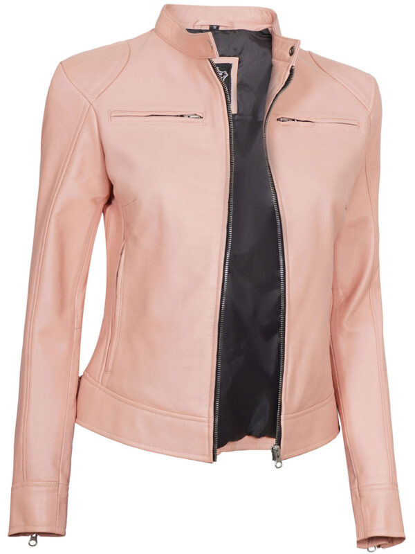 Dodge Women Light Pink Cafe Racer Motorcycle Leather Jacket