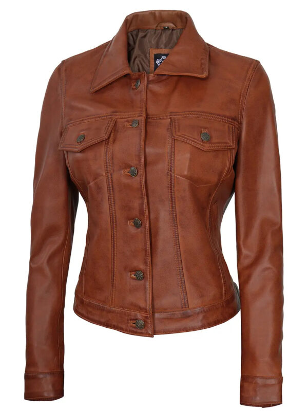 Fernando Women Cognac Brown Leather Trucker Jacket