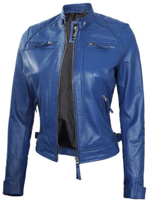 Johnson Women Blue Cafe Racer Leather Jacket