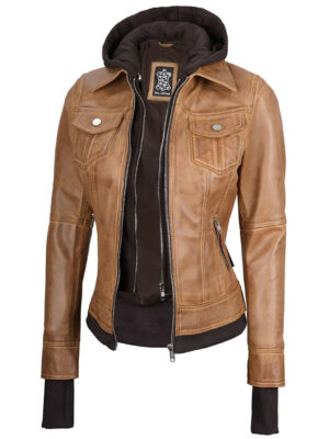 Betty Camel Brown Leather Jacket With Removable Hood