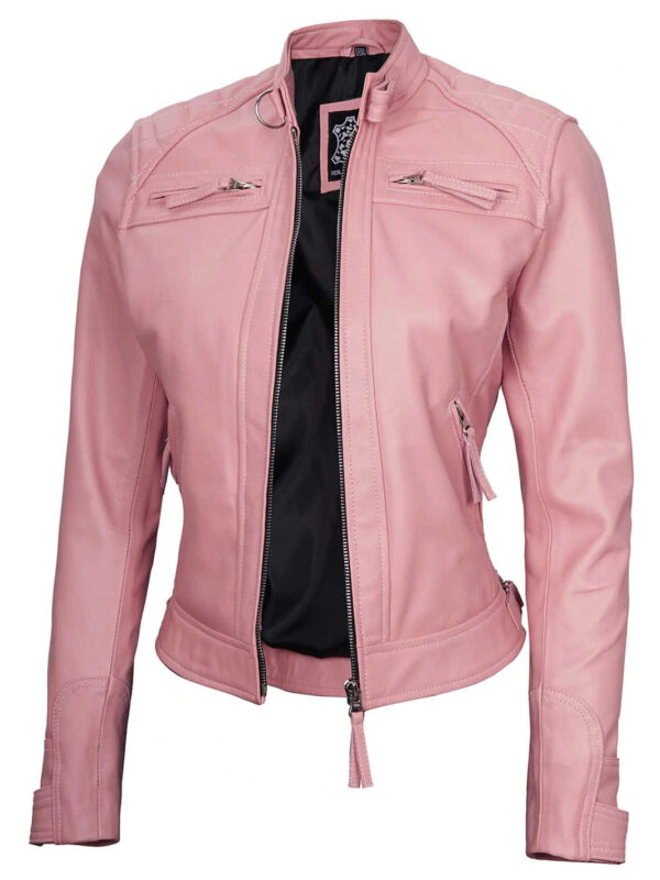 Johnson Women Pink Quilted Cafe Racer Leather Jacket