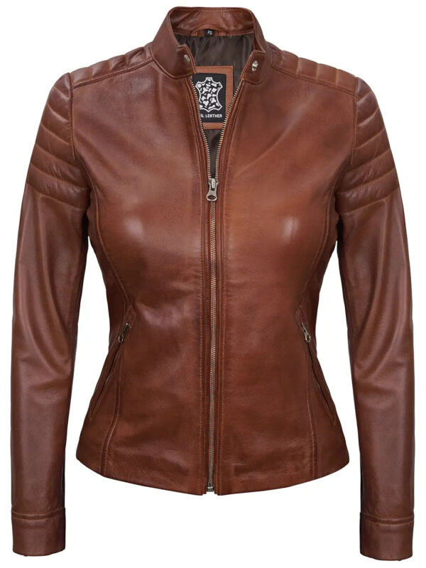 Carrie Women Cognac Brown Cafe Racer Leather Jacket