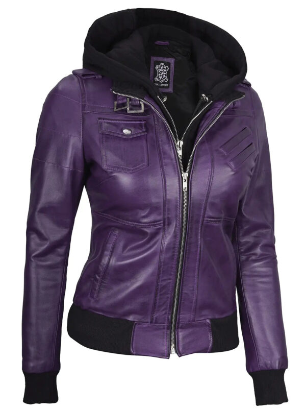 Edinburgh Purple Hooded Leather Bomber Jacket