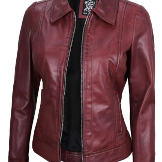 Jose Women Harrington Maroon Leather Jacket