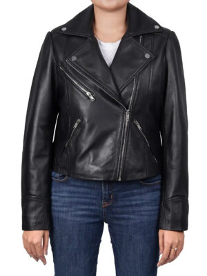 Ninfa Relax Fit Black Biker Leather Jacket