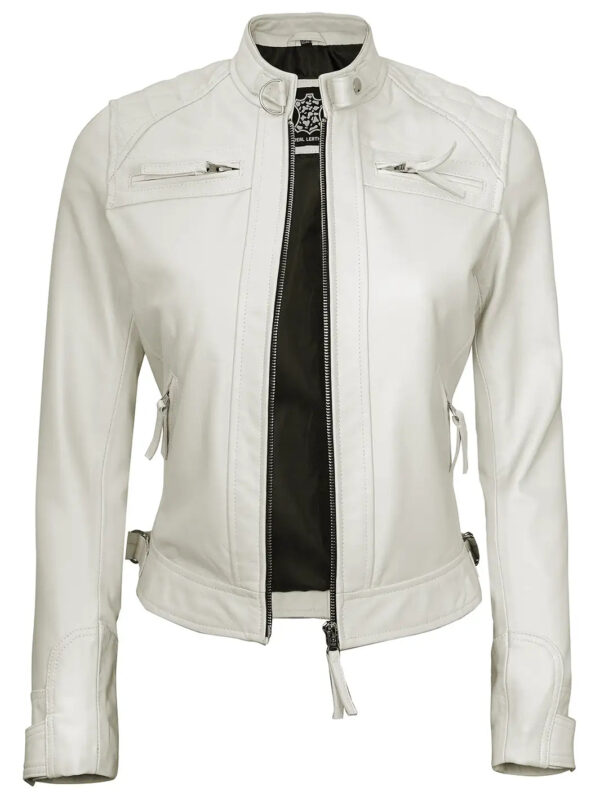 Johnson Women Quilted Off White Cafe Racer Leather Jacket