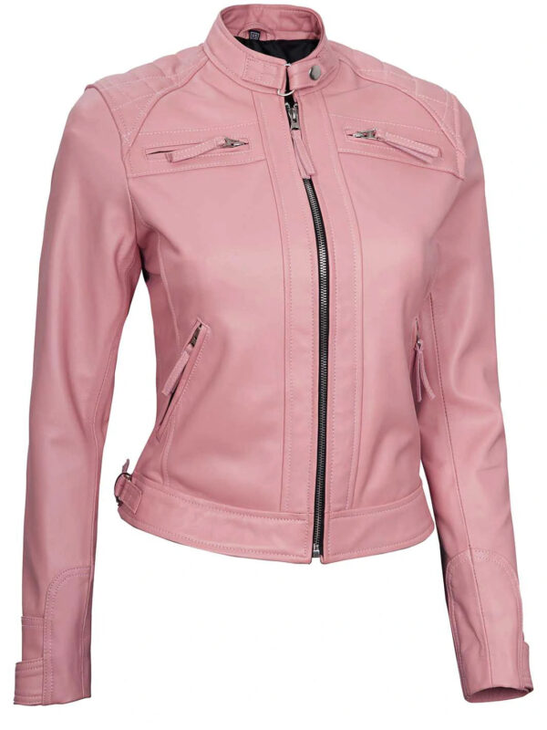 Johnson Women Pink Quilted Cafe Racer Leather Jacket